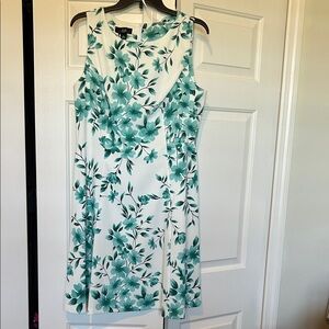 Sleeveless White Dress with Green/Teal Floral Print